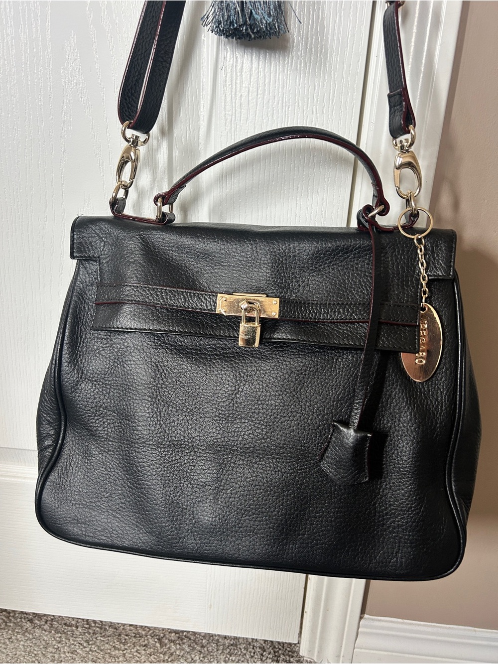 Pegabo Black Genuine Leather Kelly Style Top Handle Satchel / Crossbody